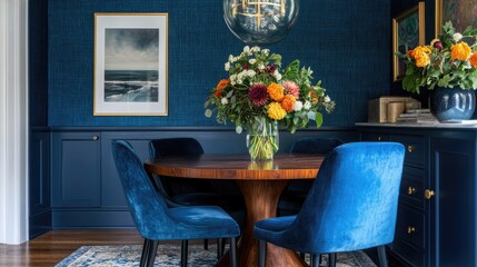 A statement chandelier above a round dining table with upholstered chairs.