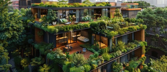 Smart eco-friendly city apartment. Energy-efficient design. Lush rooftop gardens. Sustainable aesthetics.  Modern green living.