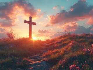 Cross Silhouette at Sunset on Hilltop in Evening Light during Holy Week Reflecting Spirituality and Calmness