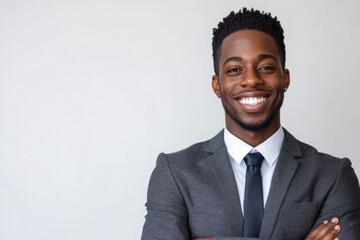 Young, handsome and friendly African American man, in a gray jacket and white shirt, with a smile on his face, happy and confident, on a white background. With space for text