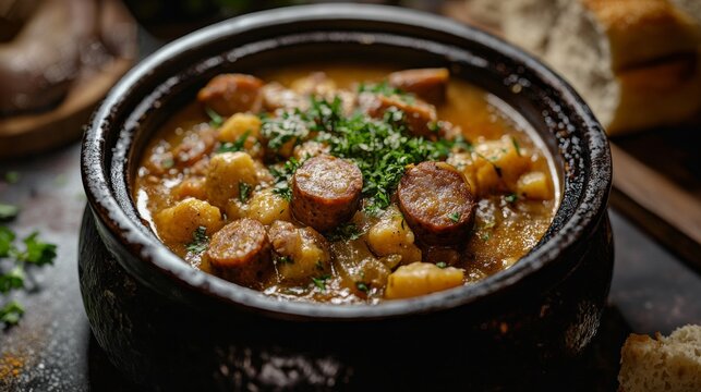 Traditional Dutch stamppot with sausage. Featuring a hearty and comforting dish. Highlighting the texture and flavors of the stamppot. Ideal for food and cultural themes.
