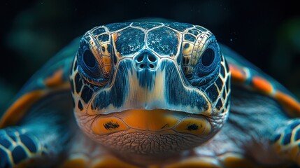 Fototapeta premium Hyper-Realistic Close-Up of a Smiling Turtle with Detailed Shell Patterns in a Vibrant Ocean Background