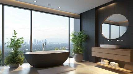 A modern bathroom interior with a freestanding bathtub, sleek fixtures, and a large window offering scenic views