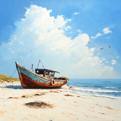 Fototapeta premium A beach with a Chinese fishing boat.