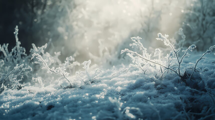 Open snowy glade, frosted branches gleam, ethereal light, free space, frost crystals. Frosted Glade. Illustration
