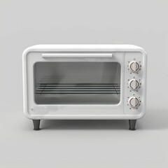 A compact white toaster oven with a glass door and three control knobs. isolated on white background