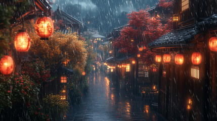 Rainy Night in a Japanese Town with Glowing Lanterns