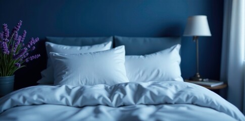 Dark blue bedroom with lavender pillow spray on a white pillow, soothing, bedtime