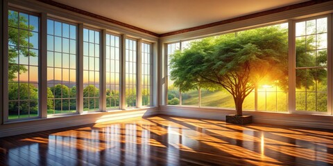 Fototapeta premium Empty Room Sunlight Morning Tree Long Exposure 3D Render - Architectural Visualization, Interior Design, 3D Rendering, Photorealistic, Empty Space,