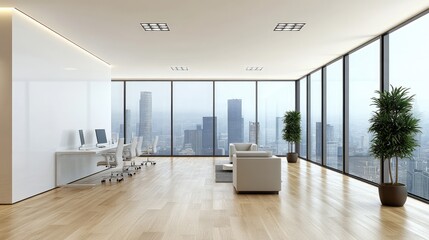 Modern coworking spaces with sleek interiors and natural lighting.