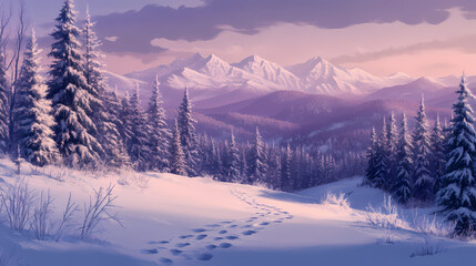 Obraz premium Winter landscape of mountains with footprints in snow following in fir forest and glade. carpathian mountains. Frosted Glade. Illustration