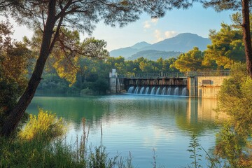 Fototapeta premium Serene dam releasing water into a calm lake, surrounded by lush greenery and mountains. Illustrates sustainable energy, water management, and peaceful natural landscapes.