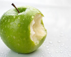 Fresh green apple with leaf and water droplets isolated on white background.