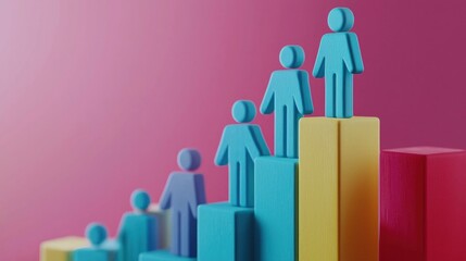 Colorful Bar Chart with Wooden Figures Illustrating Growth Concept