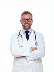 A confident male doctor in a white coat with a stethoscope, representing professionalism and trustworthiness in healthcare.