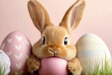 Obraz premium Rabbit sitting in green grass surrounded by colorful easter eggs in a festive spring scene