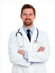 Fototapeta premium A confident male doctor in a white coat with a stethoscope, representing professionalism and trustworthiness in healthcare.