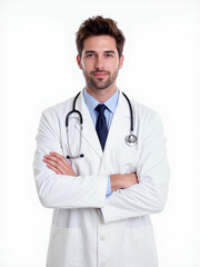 Fototapeta premium A confident male doctor in a white coat with a stethoscope, representing professionalism and trustworthiness in healthcare.