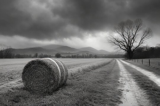 Hay bale by rural road, stormy sky, distant mountains