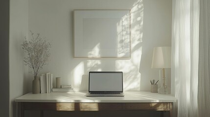 Minimalist home office workspace sunlight mockup