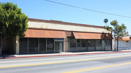 Commercial rental space on urban street with brick buildings and storefronts for lease.