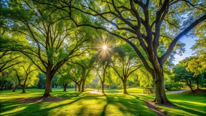 Obraz premium Lush Green Park Trees: Nature Photography, Peaceful Woodland Scene, Tranquil Arboretum, Summer Foliage, Majestic Trees