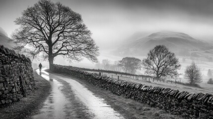 Solitary Walk Through Misty Valley: A Monochrome Landscape Photography