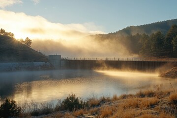 Fototapeta premium Misty sunrise over a reservoir dam. Perfect for themes of nature, energy, and tranquility.