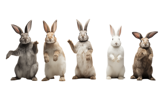 Five adorable bunnies standing on hind legs on a transparent  background
