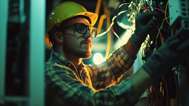Electrician working in a power station. Electrician is repairing electrical equipment.
