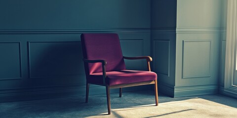 Dark Red Velvet Armchair Positioned in Minimalist Teal Wainscoting Room