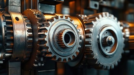 Obraz premium Close-up of industrial machinery gears and components in operation with dramatic lighting and detailed textures