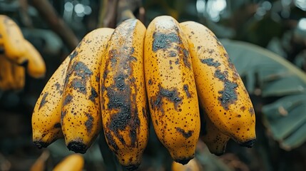 Overripe bananas on plantation, rainforest background
