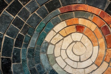 Fototapeta premium A circular mosaic design made of colorful stone tiles arranged in a spiral pattern.