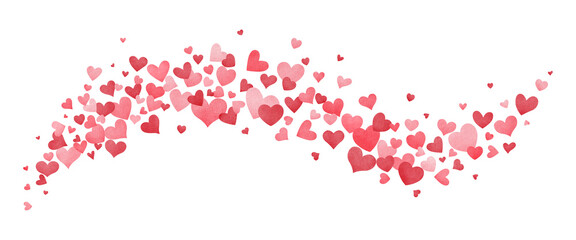 Watercolor heart flying wave. Red paper hearts falling confetti on transparent background.