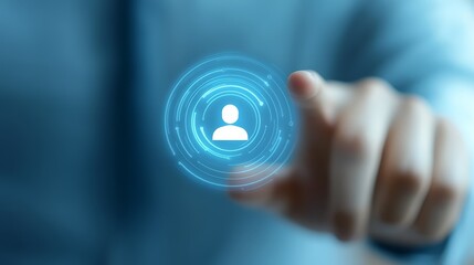 Finger activating a futuristic digital interface button, seamlessly integrating human touch with advanced technology.