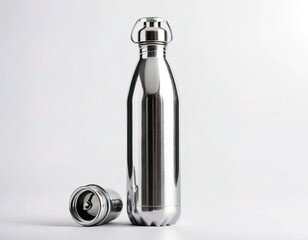 A silver water bottle with a silver cap AI generated