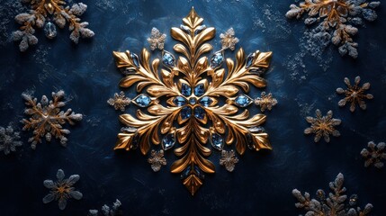 Ornate Gold Snowflake with Blue Gems: Festive Winter Design