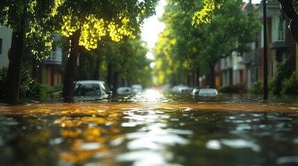 Flooded City Street Scene with Reflection and Nature in Extreme Weather and Climate Change Impact