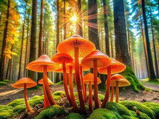 Fototapeta premium Panoramic Forest Scene: Orange Cap Mushroom - Hygrocybe Conica - Witch's Hat Fungi Photography
