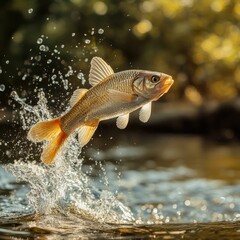 A freshwater fish breaking free from the water in a powerful leap, with focus on its body and movement, while the natural river landscape behind softly blurs, creating a thrilling yet peaceful scene