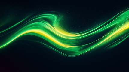 Abstract green and yellow glowing wave with particle effects on a dark background