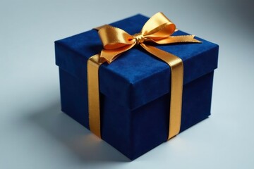Obraz premium Dark blue velvet box with a golden ribbon tied at the top, bow, metallic, art piece