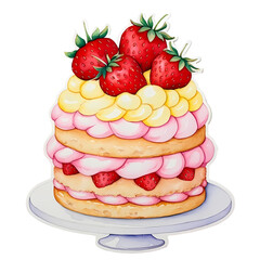 Kawaii Watercolor Strawberry Shortcake – Sweet Dessert PNG Clipart