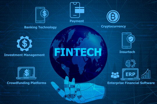 FINTECH text placed on globe and related icons such as payment etc on  blue background.Bringing together finance and technology to create a new financial concept