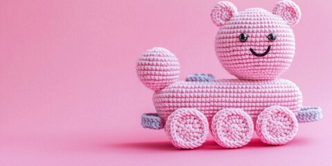 Pink Crocheted Toy Train with Smiling Face on Pastel Surface