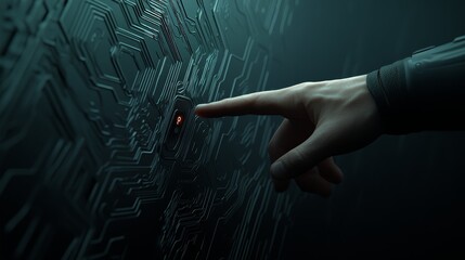 Human hand initiates electrical flow by pressing button on a complex circuit