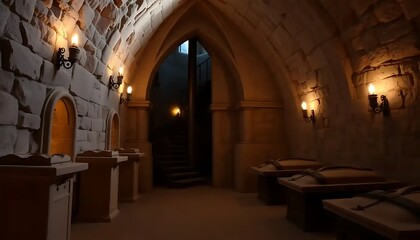 Fototapeta premium Ancient Stone Chamber With Sarcophagi And Staircase