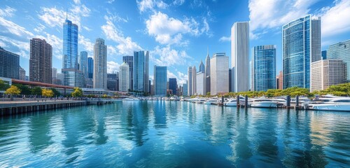 A bright and bustling city skyline viewed from the marina, showcasing tall, reflective skyscrapers of the business district, a beautiful marina, and blue skies.  
