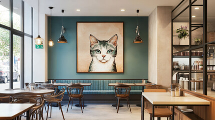 Cat Cafe Interior Design: A charming cafe interior features a large portrait of a sleek cat on the wall, setting a cozy and inviting atmosphere. Tables and chairs are arranged.